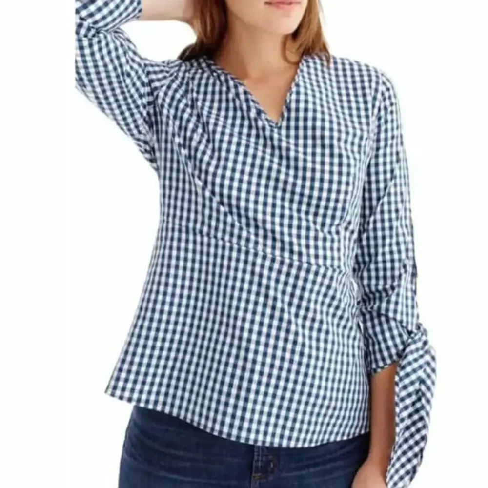 J. Crew Top X Universal Standard Sz M Gingham Tie Sleeve Blouse Blue White